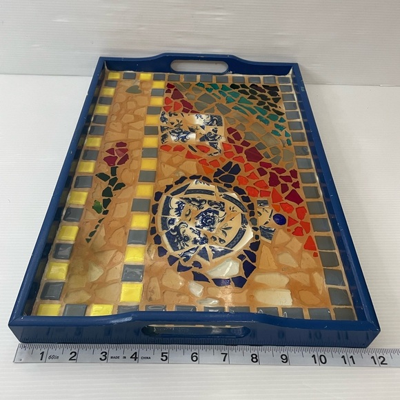 Mosaic Tile And Wooden Serving Tray Blue Colorful 16" X 11" - Picture 6 of 10